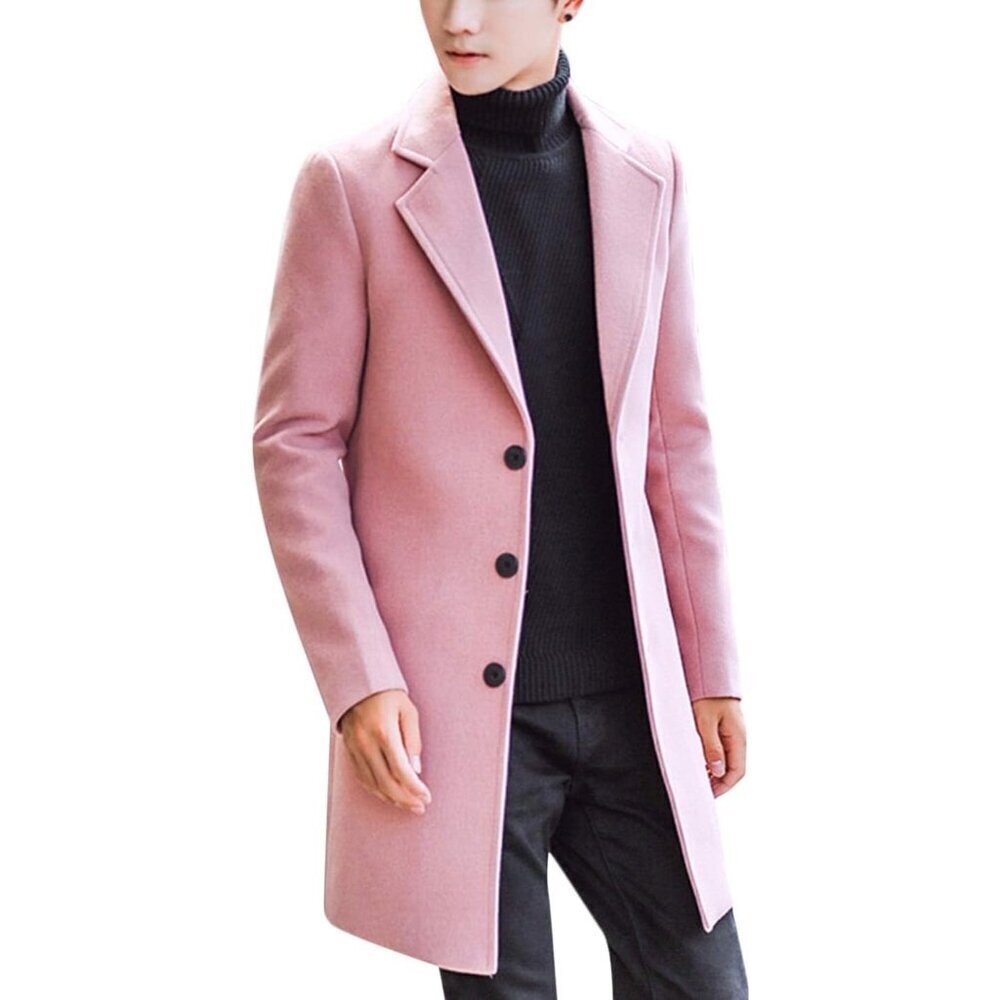 Men's Pink Wool Blend Pea Coat Notched Collar Breasted Winter Trench Coat